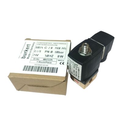 Valvola a funzionamento diretto industriale 00126091, modello Burkert 6013, progettazione normalmente chiusa, foratura di 3,0 mm, connessione G1/8, 24VDC, 0-6bar con diaframma FKM