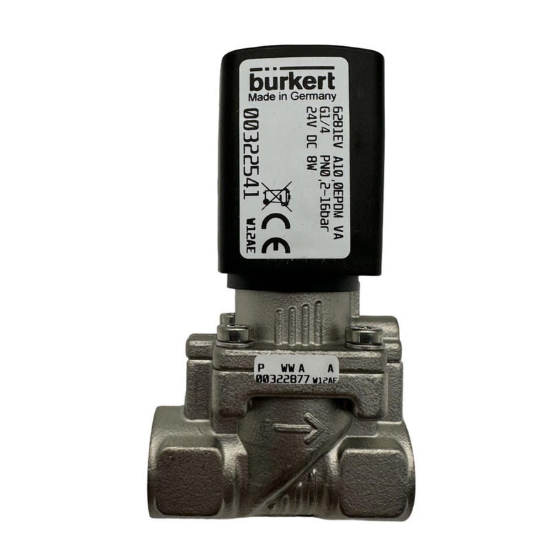 Valvola a solenoide a membrana servo Bürkert tipo 6281 a grande portata 00222022 00222023 00222024 Filettatura G1 1/4 Valvola NC 2/2 con corpo in acciaio inossidabile e guarnizione EPDM Orifizio di flusso 25,0 Bobina 8W DC24V/AC24V/AC220V