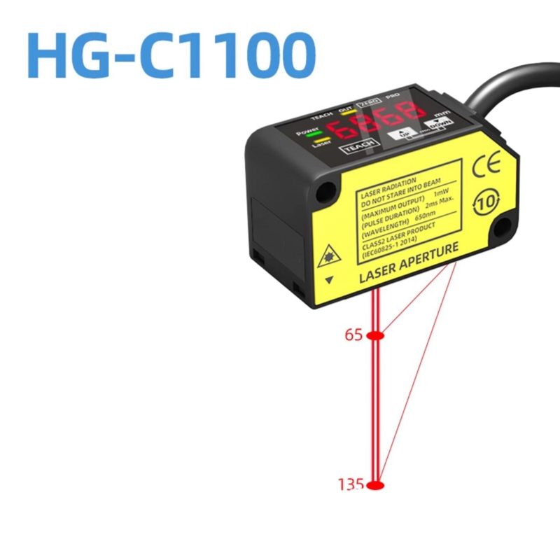Sensore di spostamento laser HG-C1100 Distanza centrale 100 mm Intervallo di misurazione ±35 mm Ripetibilità 70 um IP67 12-24 V CC Uscita NPN PnP Segnale analogico 0-5 V 4-20 mA