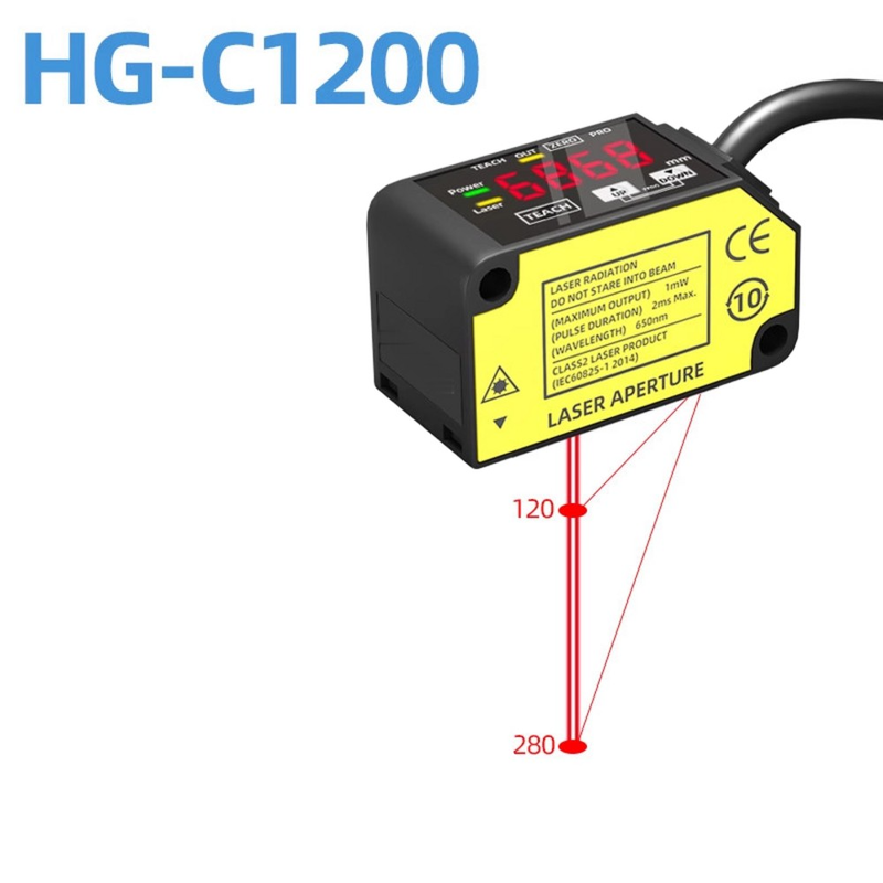 HG-C1200 Rilevatore di spostamento laser rosso visibile Stabilità di temperatura 0,05% Fs per grado C Modalità selezionabile Luce accesa/spenta per test di posizione industriale